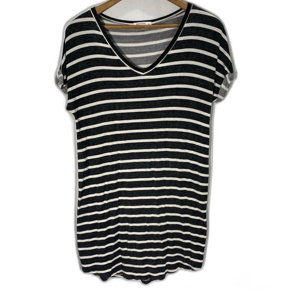 Antistar T-Shirt Mini Dress Womens XS Striped V-Neck Short Sleeve Stretch Black